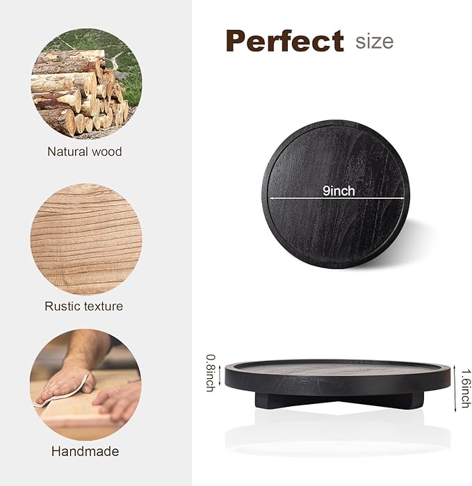 Round Decorative Tray Wood Bathroom Counter Organizer Farmhouse Kitchen Decor Wooden Riser for Soap Dish, Perfume, Candle, Sp