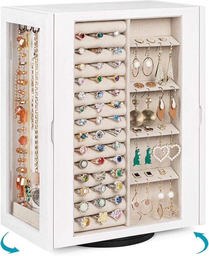 Emfogo 360° Rotating Jewelry Box for Women, Vintage Wooden Large Jewelry Organizer with 5 Drawers, Glass Doors, Vertical Open