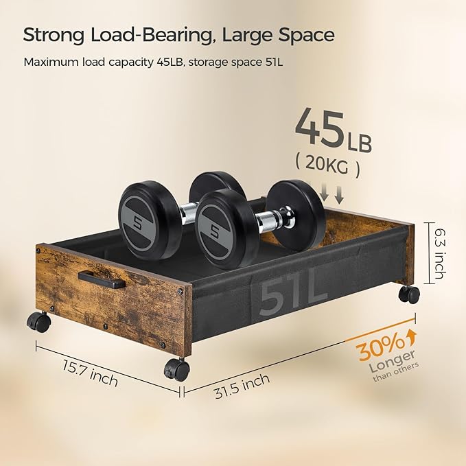 Under Bed Storage with Wheels, Wooden Under Bed Drawers On Wheels, Rolling Under Bed Shoe Storage, Space Saving, Rustic Brown