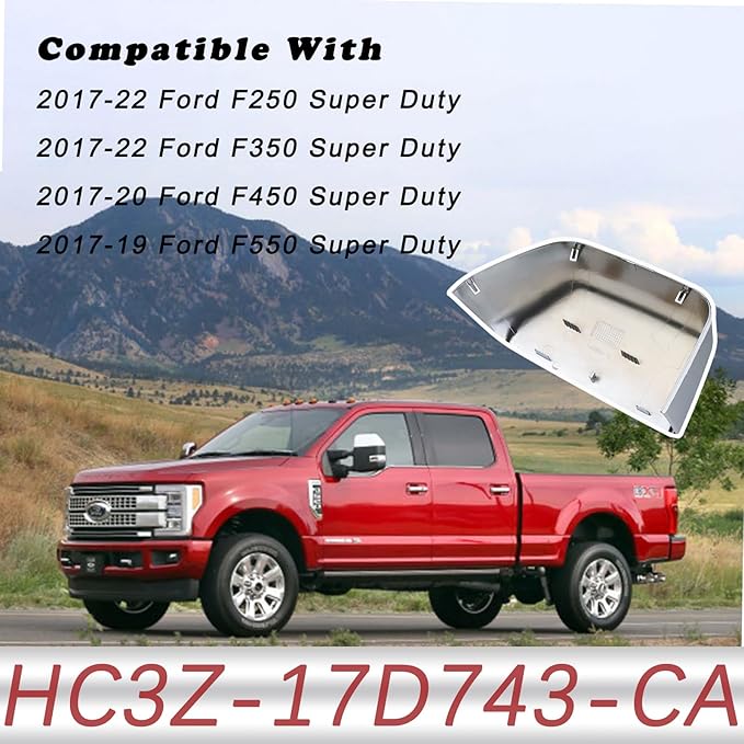 Chrome Tow Mirror Cover Cap | For 2017-2024 F250 F350 F450 F550 Super Duty Side by Side Accessories | LH Left Driver Side Exterior Plastic Rearview Top Half Door Mirror Cover