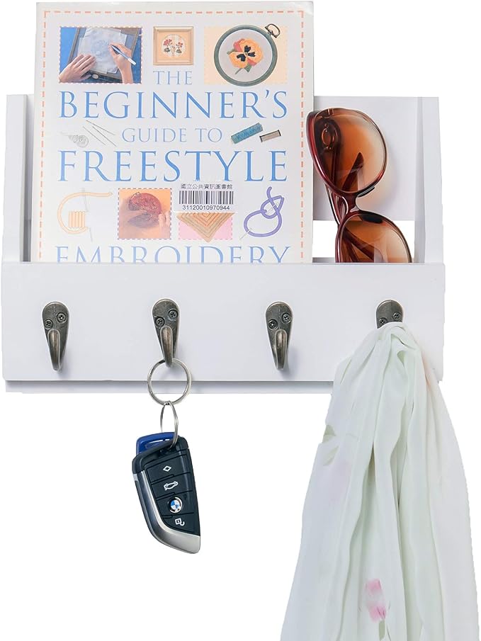 Flintar Wall Mounted Key and Mail Holder with 4 Hooks. Made of Solid Wood. Use as Key Rack, Entryway or Mudroom Organizer, Ma