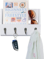 Flintar Wall Mounted Key and Mail Holder with 4 Hooks. Made of Solid Wood. Use as Key Rack, Entryway or Mudroom Organizer, Ma