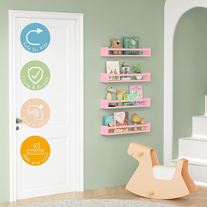 Forbena Large Pink Kids Book Shelves for Girls Room Wall Set of 4, Floating Nursery Book Shelf for Baby Girl Deocr, 24 Inches
