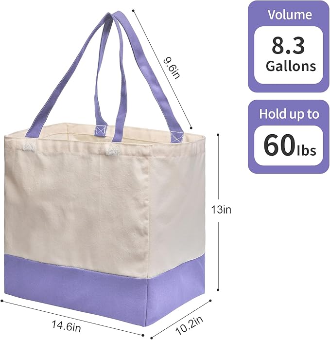 Reusable Grocery Bags Heavy Duty, 8.3 gal Foldable Large Canvas Tote Bag with Handles, Holds 60 lbs Canvas Shopping Bags, 1 Pack（Off White+Light purple）