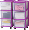 HOMZ 2-Pack Drawer Tower, 3-Tier Clear Plastic Storage Organizer Cart, Purple Frame - Organizing Containers with Wheels for H