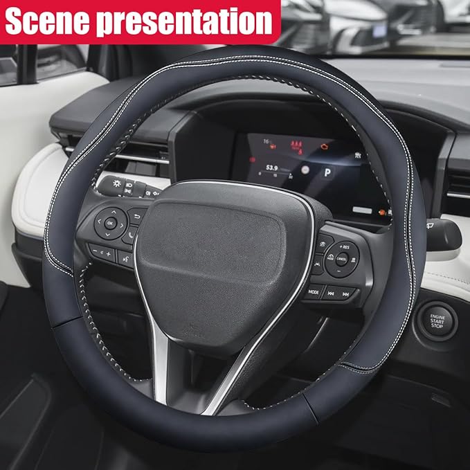 Craedli 14.5-15 Inch Leather Car Steering Wheel Cover, Non-Slip Breathable Auto Steering Wheel Protector Cover, Universal Veh