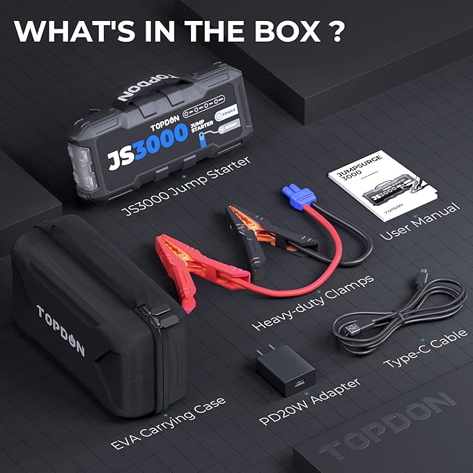 JS3000 12V 3000A Battery Booster Jump Starter Pack for Up to 9L Gas/ 7L Diesel Engines, Portable Car Battery Charger with