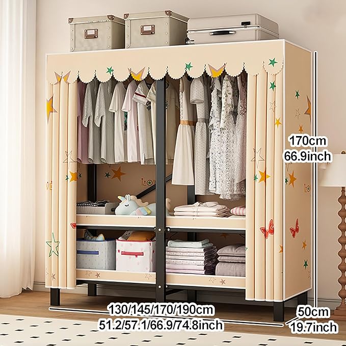 Portable Wardrobe Closet with Cover, Metal Clothing Organizer for Bedroom, Foldable Clothe Rack, Garment Rack for Hanging Clo