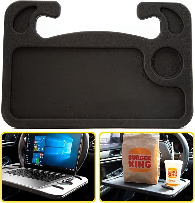 Cutequeen 2-in-1 Car Steering Wheel Desk - Portable Auto Laptop Tray & Eating Table for Most Vehicles, Durable Multi-Functional Travel Workstation with Cup Holder for Commuters and Road Trips, Black