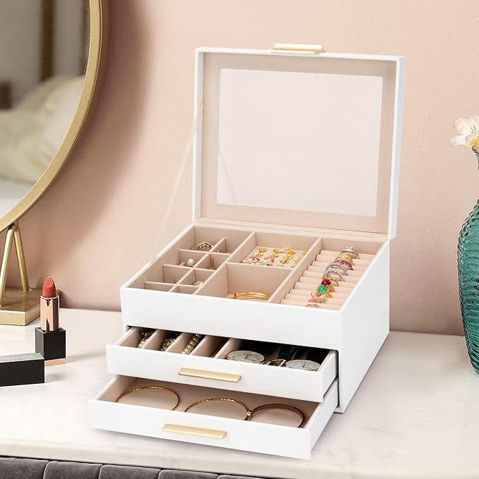 Jewelry Box for Women, 3-Layer Jewelry Box, Jewelry Organizer with Clear Glass Lid and Drawers, Jewelry Organizers and Storag