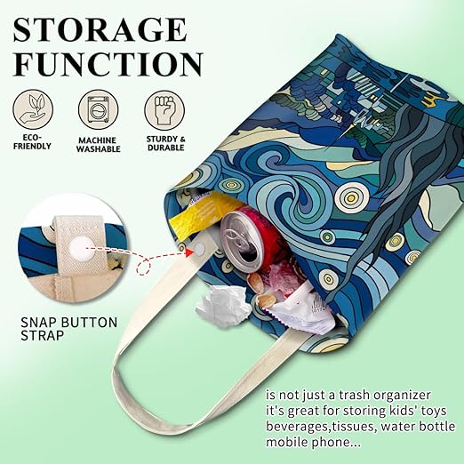 Car Trash Can, Cute Car Trash Bag, Hanging Car Organizer and Storage Bag, Trash Bin for Car Accessories, Vehicle, Travelling, Camping Starry Night Village