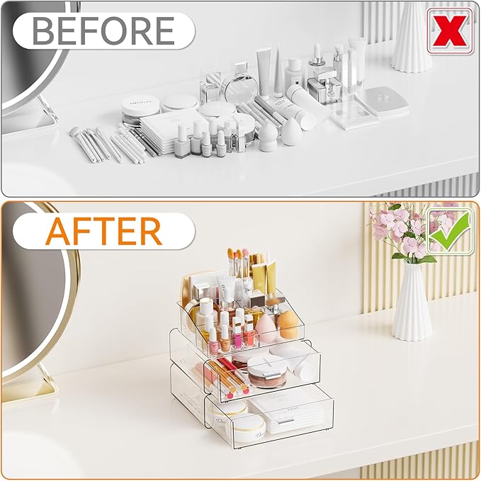 Yieach 3 Tier Clear Acrylic Makeup Organizers with Drawers,Tiered Countertop Make up Storage Organizer for Dresser Top and Ba