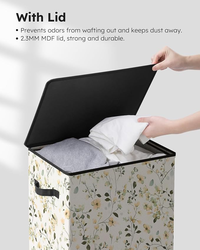 SOLEDI Laundry Hamper with Lid, 90L Tall & Large Floral Laundry Basket, Collapsible Clothes Hamper with Removable Bag, Dirty 