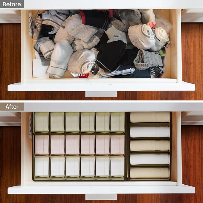Drawer Organizer for Clothes Set, 4 Pack Foldable Dresser Closet Dividers (6/8/7/24-Cell), Non-Woven Underwear & Sock Drawer 