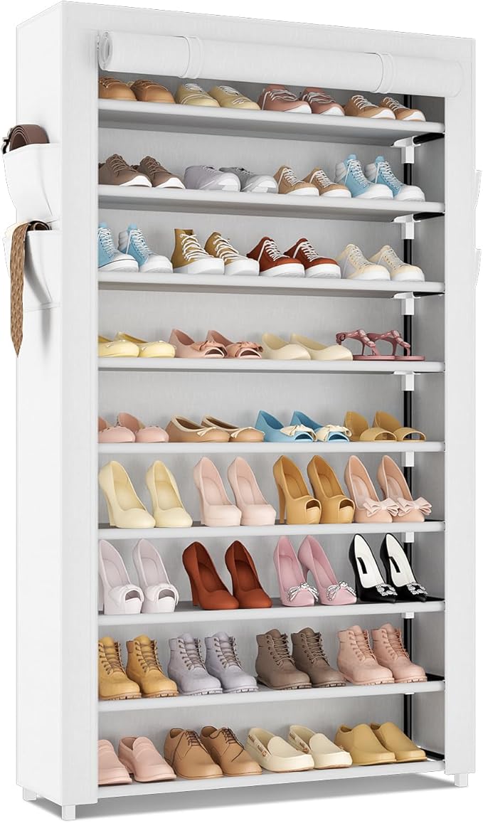 LANTEFUL Shoe Rack with Covers 10 Tier Tall Shoe Rack Organizer Large Capacity Shoe Shelf Storage 40 Pairs Space Saving Free 