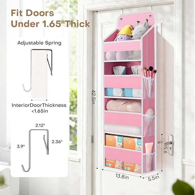 SpaceWhisper Over the Door Organizer, 4 Large Pocket Hanging Storage Organizer with 40lb Capacity, Space Saving for Nursery, 
