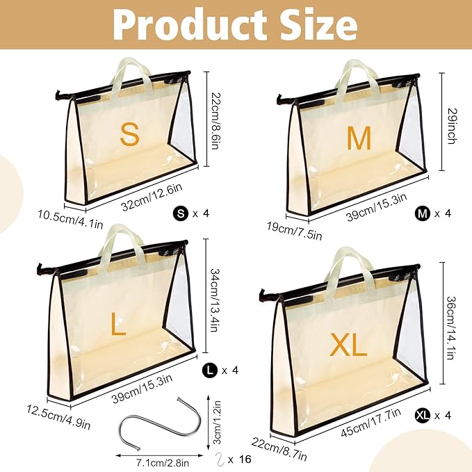 16 Pack Clear Handbag Storage Organizer and 16 Stainless Steel S-Hooks Anti-dust Purse Storage Bags with Zipper and Handle Mo