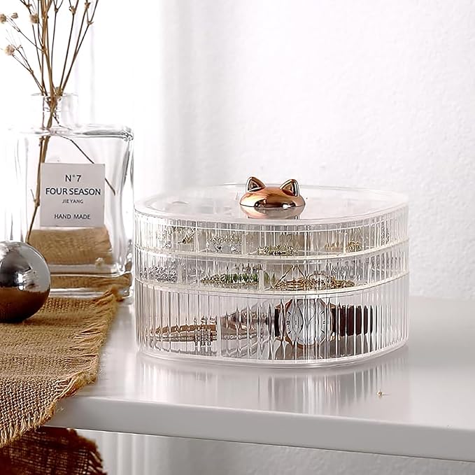 HALAFE Jewelry Box, 3-Layer Acrylic Jewelry Organizer with Cat Shape Handle, Clear Jewelry Boxes for Women Girls, Make up Org
