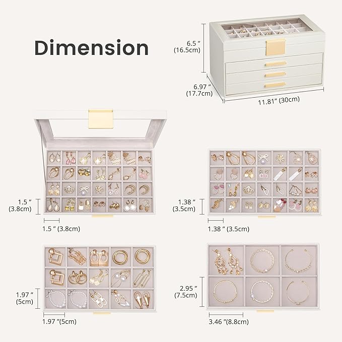 Lolalet Earring Storage Box Case with Glass Top, Large Earring Jewelry Holder Organizer Display with Drawer and Grid, Gifts f