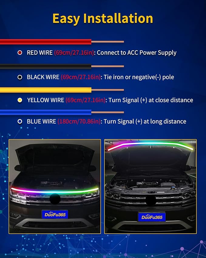 Exterior Car LED Hood Light Strip,RGB Multicolor Dynamic Scan Start Up Hoodbeam Kit with App & Remote Control,70 Inch 12V Updated Waterproof Hood Glow Lights for Cars, Trucks,SUV(1set)