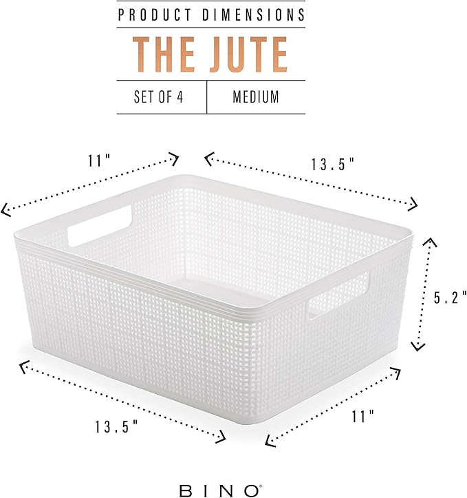 BINO | Woven Plastic Basket | Medium (White), 4-Pack | THE JUTE COLLECTION | Home Organization, Space - Saving Storage, Styli