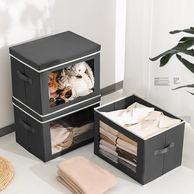 Homsorout Stackable Storage Bins with Lids - Large Storage Box with Lids, Foldable Closet Boxes for Organizing, Wardrobe Clot