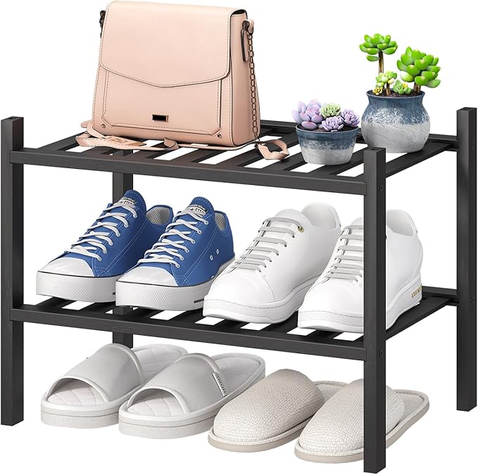 viewcare Black Small Shoe Rack for Entryway,2-Tier Bamboo Shoe Organizer for Hallway Closet, Free Standing Shoe Racks for Ind