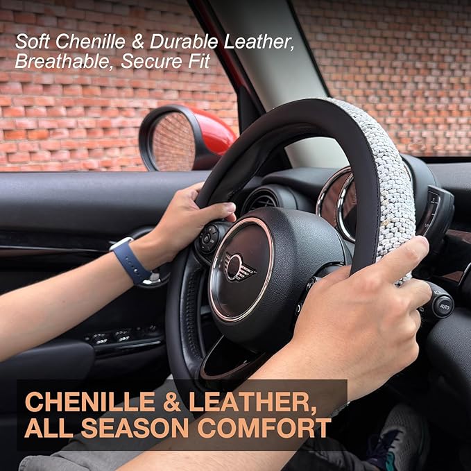 PINCTROT Chenille Leather Steering Wheel Cover, Soft Mottled Colors, Sweat-Proof, Non-Slip Grip, All-Season Comfort, Universa