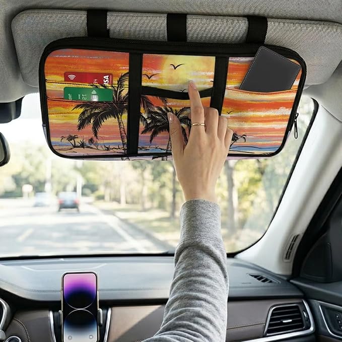 Coconut Tree Zippered Tactical Sun Visor Organizer Universal Car with Straps and Pockets Car Sun Visor Organizer Storage with Picture Holder Easy Installation Universal Fit for Most Cars Suv
