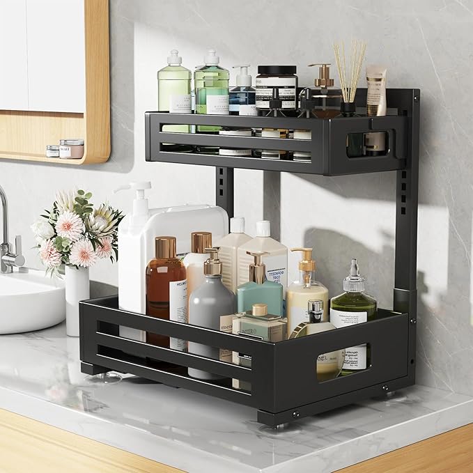 2 Pack Under Sink Organizer,Pull Out Cabinet Organizer with Smooth Cylindrical Rail,Metal Slide Out Drawer for Kitchen Bathro