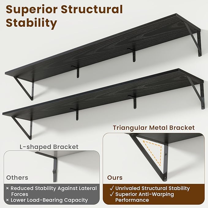 55" Long Wall Mounted Floating Shelves,8 inch Deep Floating Shelf with Metal Brackets Set of 2,Easy-to-Install Wall Decor Sto