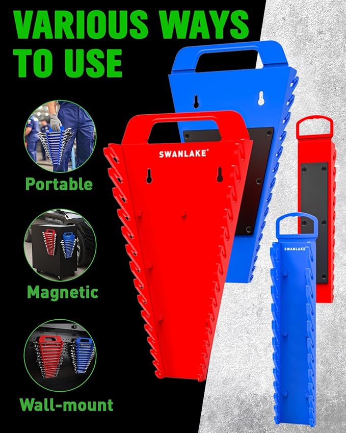 SWANLAKE 4-Pack Magnetic Wrench Organizer Toolbox Holder, 2PCS 15-Slot and 2PCS 12-Slot Wrench Organizers, SAE & Metric Ratch