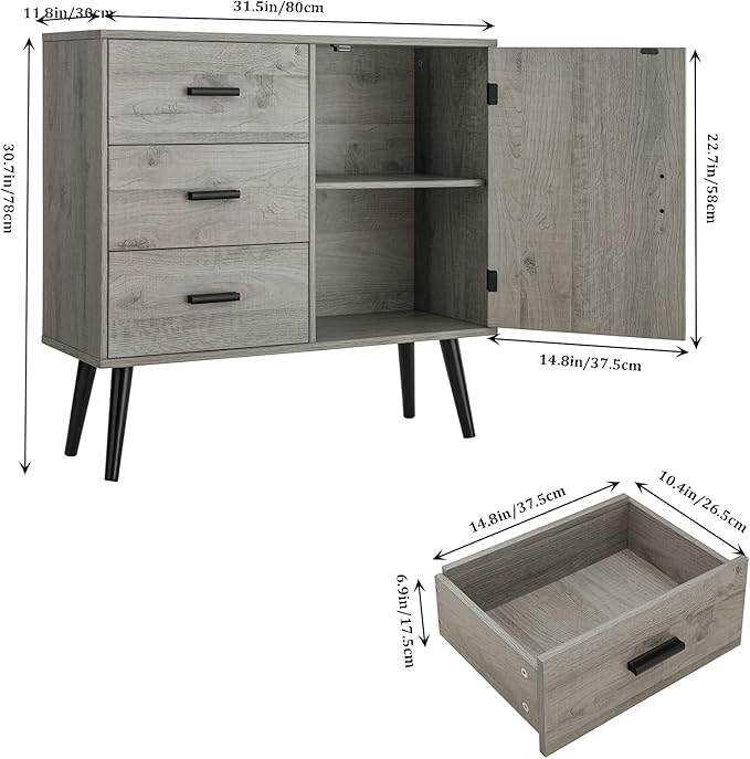Iwell Storage Cabinet with 3 Drawers & Adjustable Shelf, Sideboard Buffet Cabinet, Small Freestanding Floor Storage Unit, for