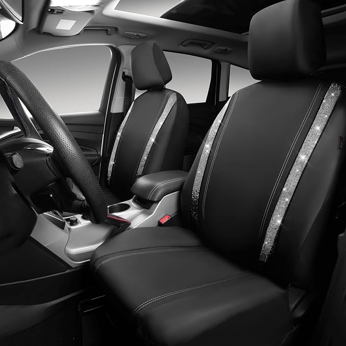 CAR PASS Leather Bling Diamond Car Seat Cover 2 Front Interior Sets, Waterproof Universal Shining Glitter Crystal Sparkle Fit for 95% Automotive Truck SUV Cute Women Girl, Black Silver Rhinestone