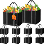 WISELIFE Reusable Grocery Bags with Handles - 10 Pack, 35L Large Shopping Bags for Groceries, Water-Resistant & Foldable Grocery Totes for Lasting Use for Kitchen, Market, Car Trunk, Picnic (Black)