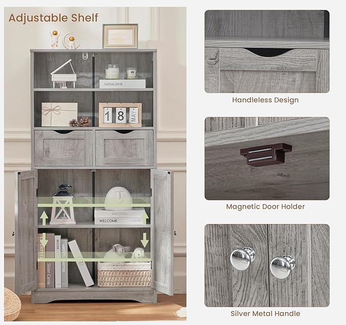 Iwell Storage Cabinet with 2 Drawers & Adjustable Shelf, Tall Bathroom Cabinet with Doors, Cupboard, Kitchen Cabinets for Liv