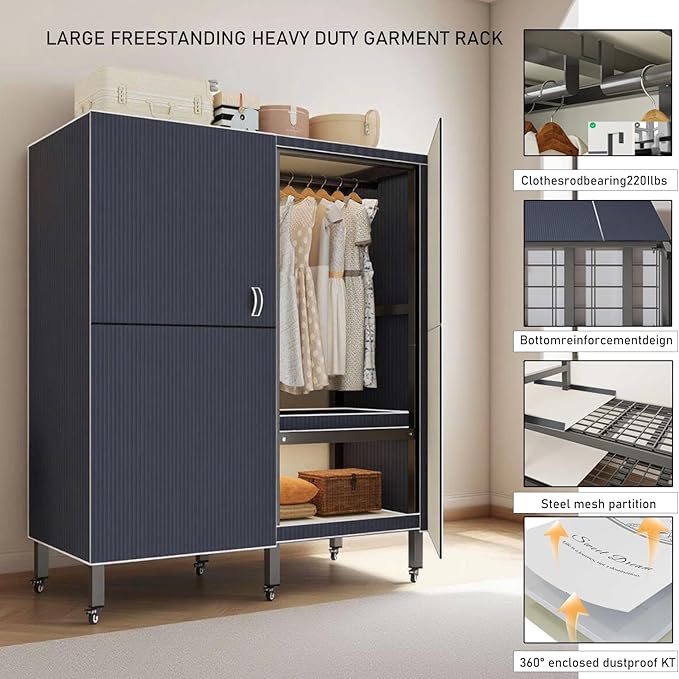 Foldable Portable Wardrobe On Wheels, Freestanding Garment Rack, with Magnetic Door 2000lbs, Heavy Duty Clothes Rack, for Bed