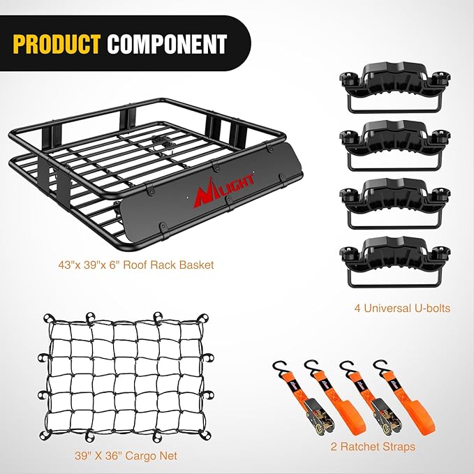 Nilight 43" x 39" x 6" Universal Roof Rack Cargo Basket Heavy-Duty 250LBS Capacity Rooftop Cargo Carrier with Cargo Net Ratchet Straps Luggage Holder for SUV Truck Vehicle