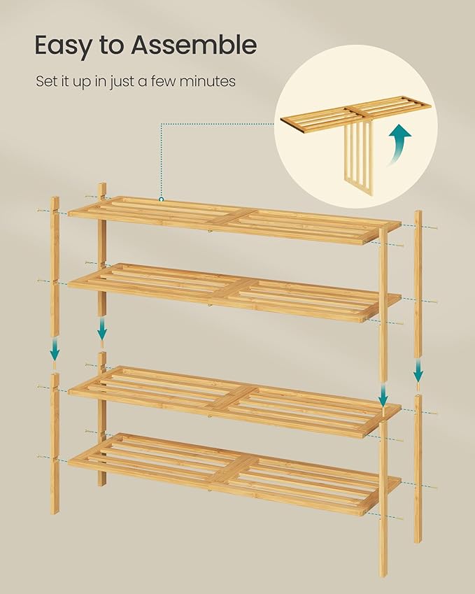SONGMICS Bamboo Shoe Rack for Closet, Stackable Shoe Oragnizer with Modular Structure, Space-Saving Free Standing Shelf for E