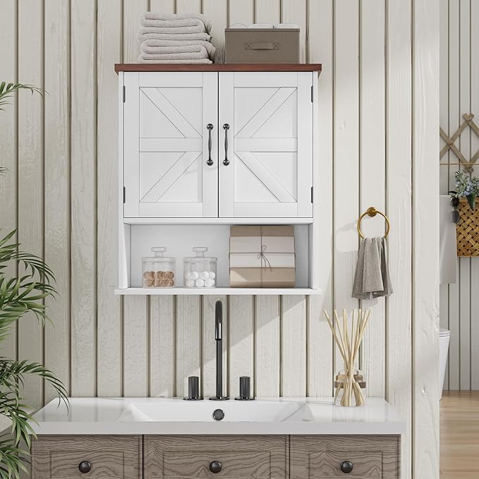 Bathroom Wall Cabinet with Barn Doors, Wall Mounted Bathroom Cabinet, Farmhouse Style, Adjustable Shelf, Wall Mounted Medicin
