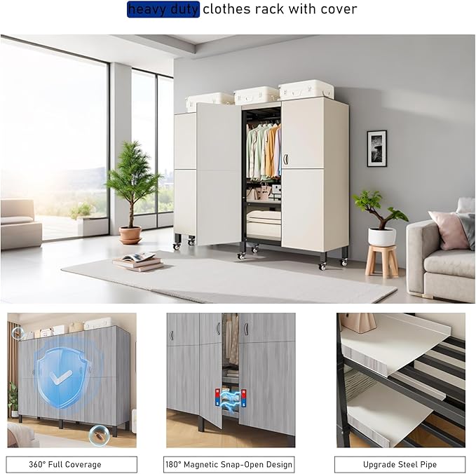 Foldable Portable Wardrobe On Wheels, Freestanding Garment Rack, with Magnetic Door 2000lbs, Heavy Duty Clothes Rack, for Bed