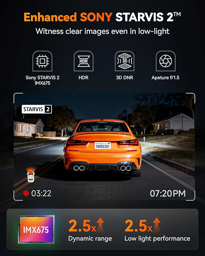 WOLFBOX X3 2.5K 1440P 60FPS Dash Camera, STARVIS 2 IMX675 with ADAS, 1440P+1080P Dual Dashcam Front and Rear Camera 5MP with 