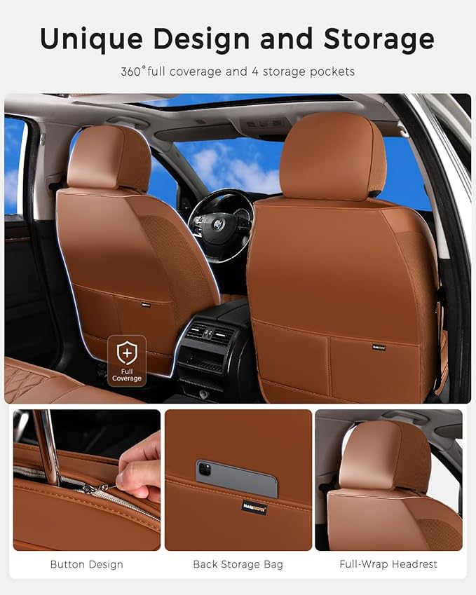 Huidasource Brown Front Seat Covers, Nappa Leather Front Car Seat Covers, Side Elastic Fabric, Compatible with Airbags, Seat 