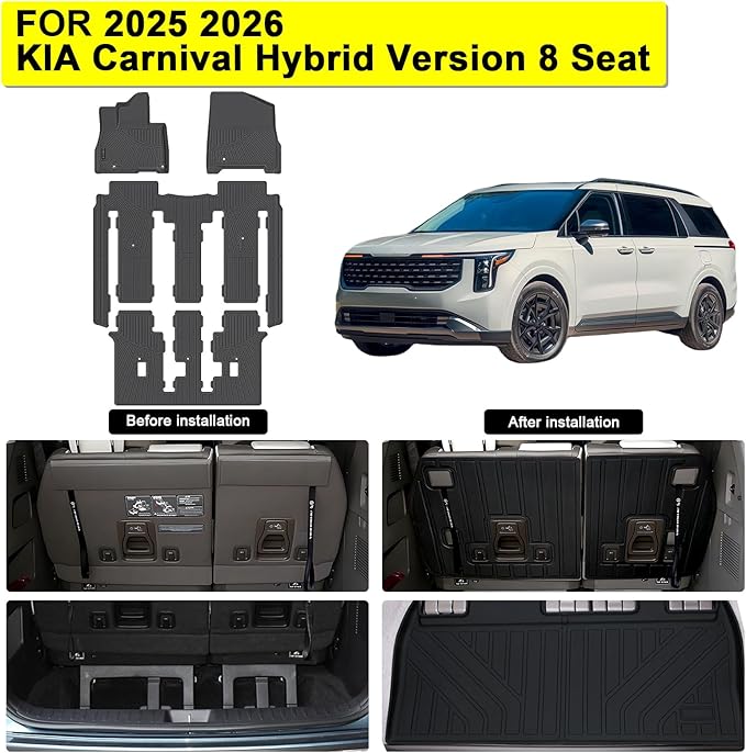 Floor Liners & Backrest Mat for 2025 2026 KIA Carnival Hybrid Version 8 Seat (Not Fit Pure Fuel),TPE All Weather Protection Car Floor Mats with Trunk Mat Covering The Backrest
