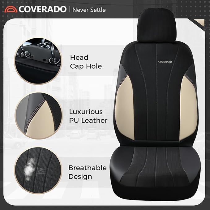 Coverado Automotive Seat Covers Front Seats, Luxury Car Seat Covers, Auto Seat Covers 2-Pack, Beige Driver Seat Protectors, U