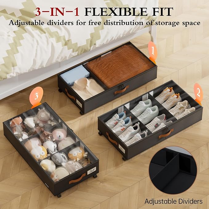Yecaye Under Bed Storage with Wheels, 2 Pack Under Bed Storage Containers with Adjustable Dividers & Clear Window, Rolling Un