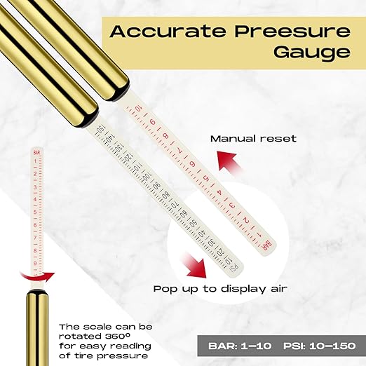 Tallew 10 Pack Tire Pressure Gauge Heavy Duty Air Pressure Tire Gauge Dual Head Semi Truck Tire Pressure Gauge Range 10-150 PSI, Extended Tube Tire Gauge Suitable for Semi Truck, and Bus (Gold)