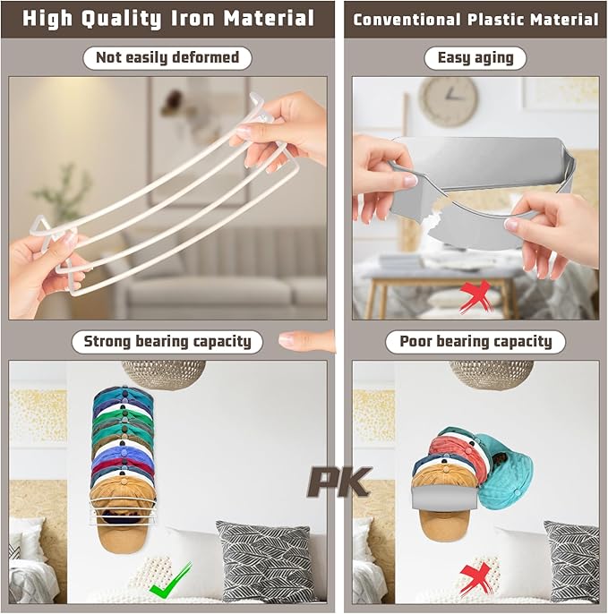 Fikoksol Hat Organizer for Baseball Caps, 2-Pack Beige White Metal Hat Rack for Wall Door, Adhesive/Wall Mounted Hat Storage 
