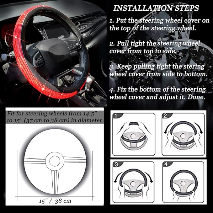 ChuLian New Diamond Leather Steering Wheel Cover with Bling Bling Crystal Rhinestones, Universal Fit 15 Inch Car Wheel Protec