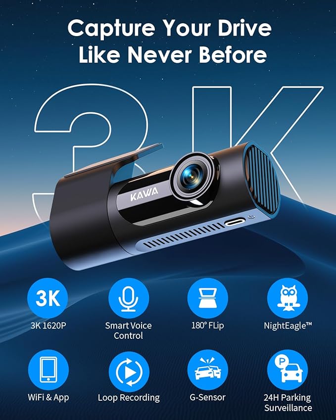 KAWA Dash Cam 2K, WiFi Dash Camera for Cars 1440P with Hand-Free Voice Control, Night Vision, Mini Hidden Dashcam Front, Emer